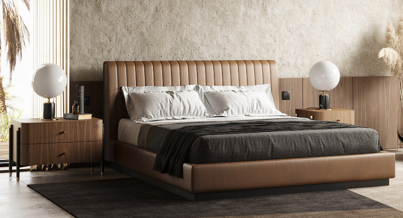 HARRY BED – Modern double bed with a leather headboard and base, giving it a luxury look. By Laskasas.