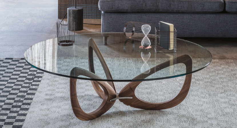 HELIX COFFEE TABLE – Timeless coffee table with solid Canaletto walnut and transparent varnished steel  base and a clear glass top. Available as round, square or rectangular. By Cattelan Italia.