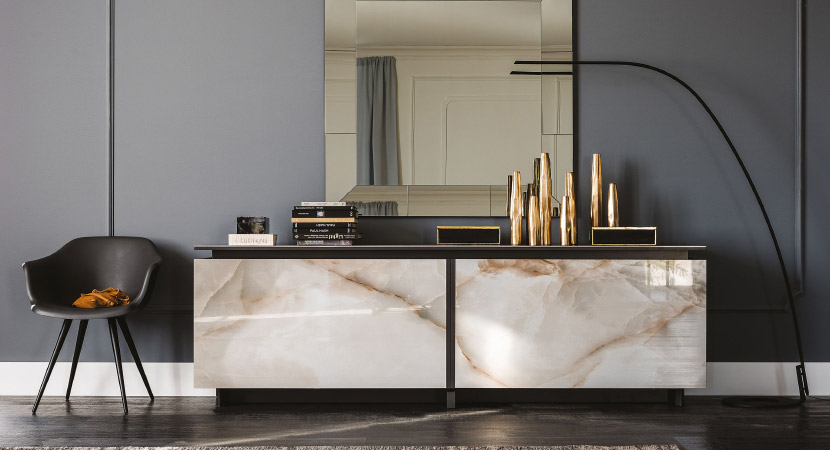 EUROPA KERAMIK SIDEBOARD – Ceramic finish designer sideboard, supported by a steel structure with sliding doors and internal glass shelves. By Cattelan Italia.