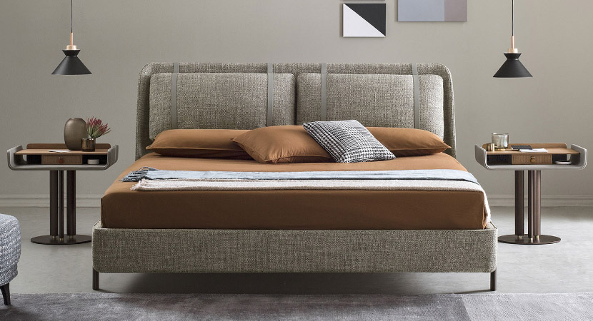 NARA BED – High-end angled headboard upholstered king platform bed, by Italian designer Umberto Asnaghi. With sleek metal legs, available in fabric or leather. By Bodema.