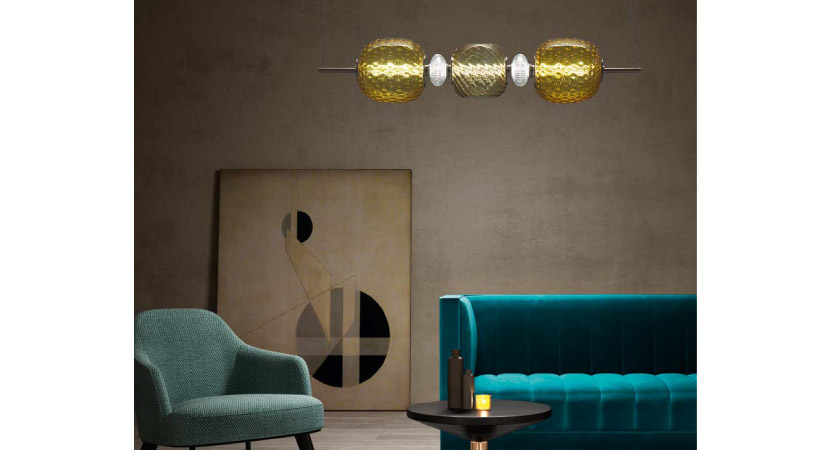 RITA CEILING LAMP – Horizontal pendant with nickel or light gold metal finish and blown coloured glass diffusers with clear crystal details. By Italamp.