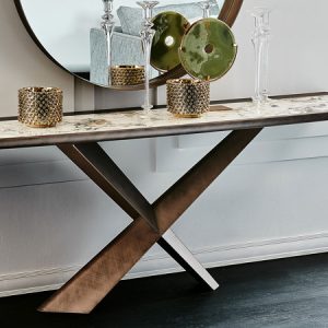TERMINAL CONSOLE – Modern console with a brushed frame, available with a marble top or different wood finishes. By Cattelan Italia.