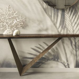 VARENNE CONSOLE – Handcrafted wooden top console, with a metal base featuring quirky angles and serve as a statement piece. By Cattelan Italia.