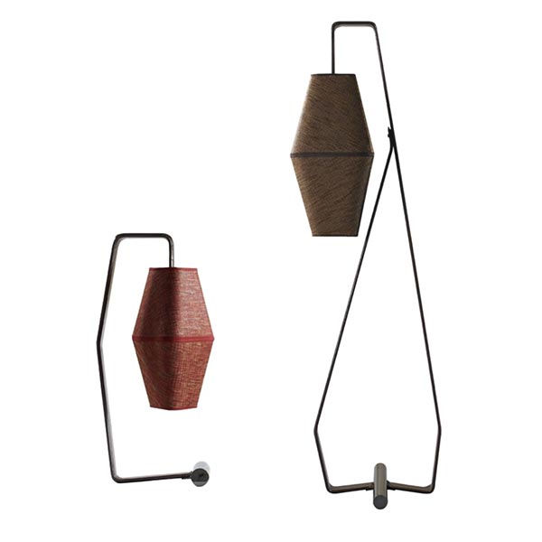 MIMI FLOOR LAMPS – Contemporary floor lamps featuring a metal structure covered with high quality leather and a plaited fabric lampshade. By Ulivi.