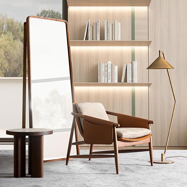 Ulivi living room collection: MIRABELLE SUPER – Contemporary armchair featuring solid wood structure, leather magazine pockets as armrests and a comfortable cushioned seat available in fabric or leather. By Ulivi.