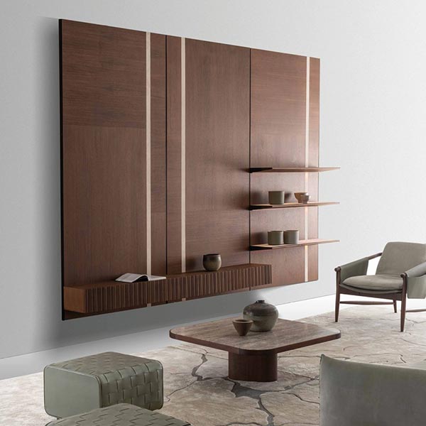 Ulivi living room collection: MODULAR PANEL BOOKCASE – Modern modular system that stands out for its electrified uprights, wooden shelves and painted black metal ends with integrated LED. By Ulivi.