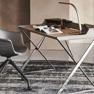 QWERTY DESK – Small modern desk designed by Andrea Lucatello, featuring crossed steel legs and a leather pad that completes the steel top. By Cattelan Italia.