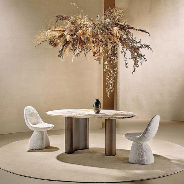 LYMPH DINING TABLE Contemporary designer dining table, with a unique wooden base structure and marble top. By Nature Design